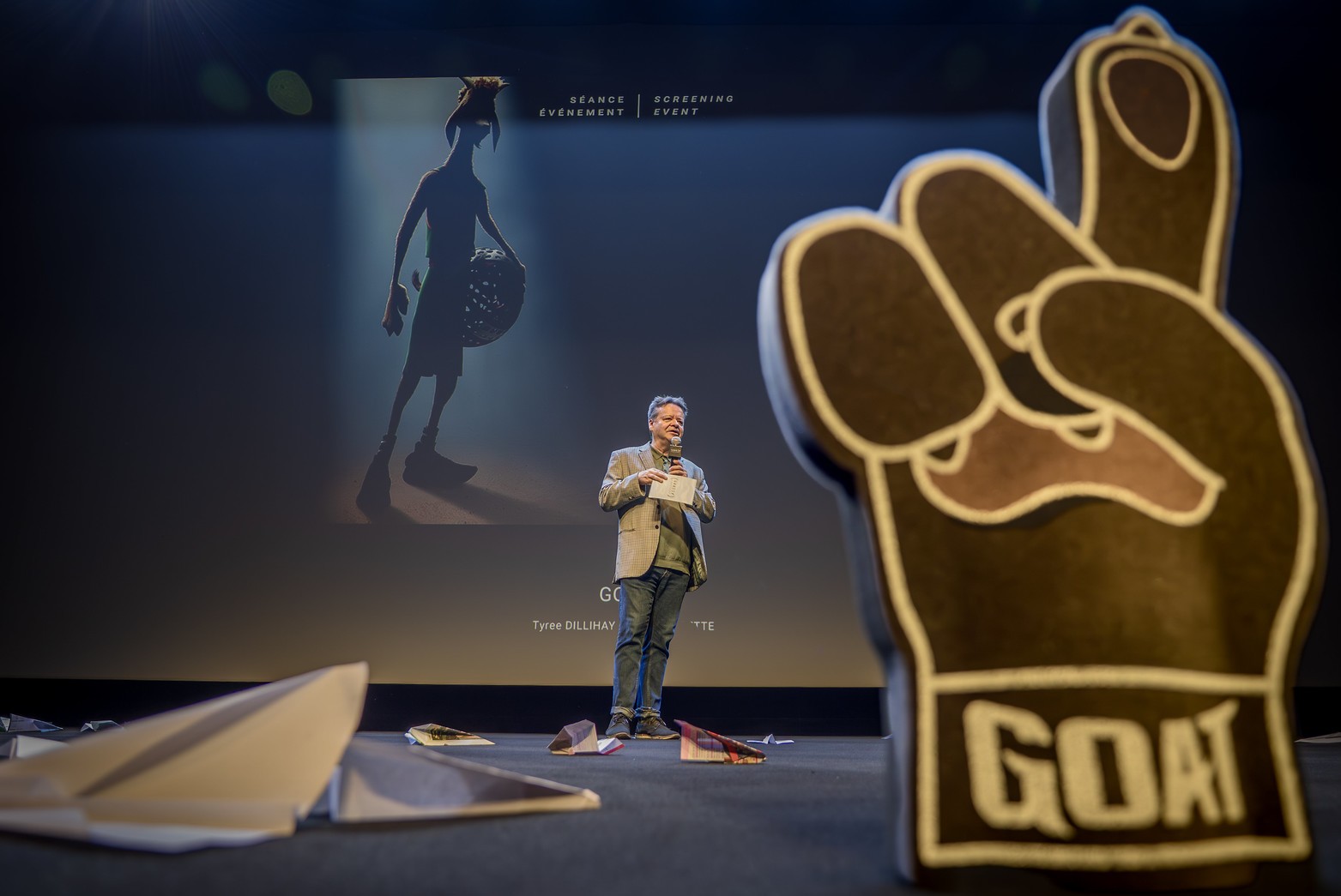 Marcel Jean présentant la séance évènement de GOAT