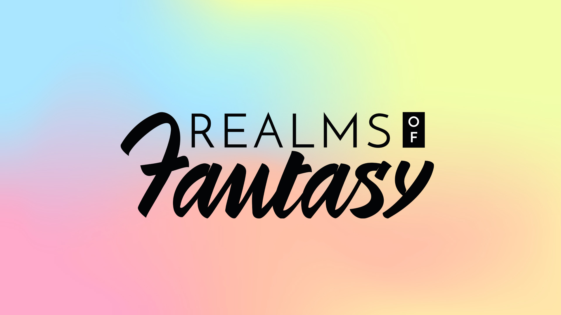 Logo de l'association Realms of Fantasy sur un fond arc-en-ciel pastel